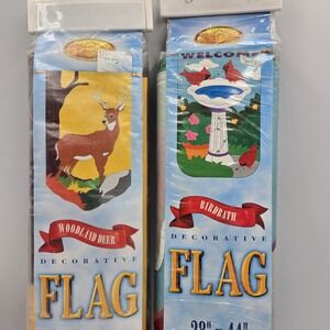 2 Vtg New Hanging Flag Woodland Deer Bird bath NCE Nylon Applique 28x44" Country